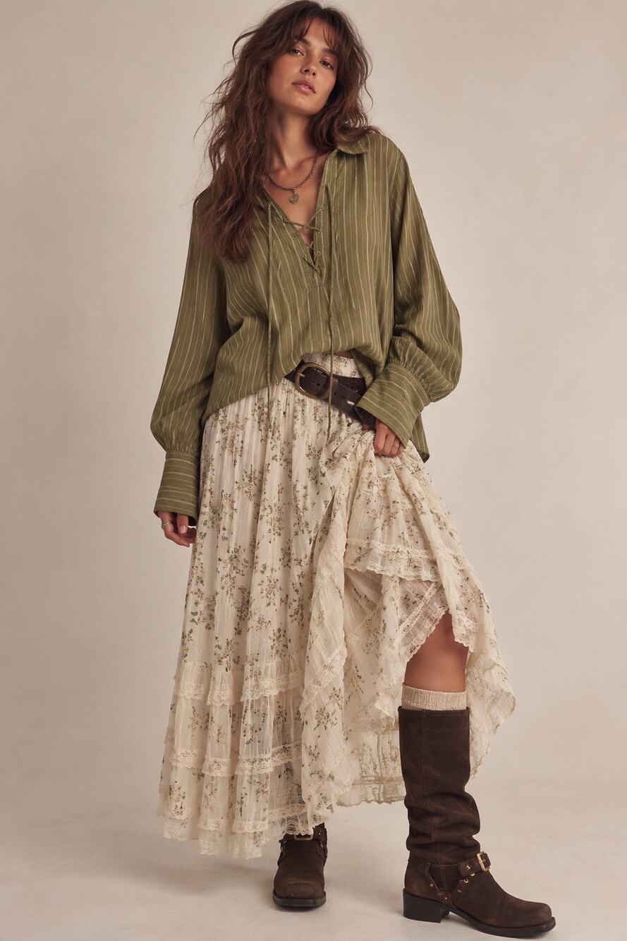 Free People Under The Boardwalk Linen Cotton Olive Striped Peasant Top XS Boho